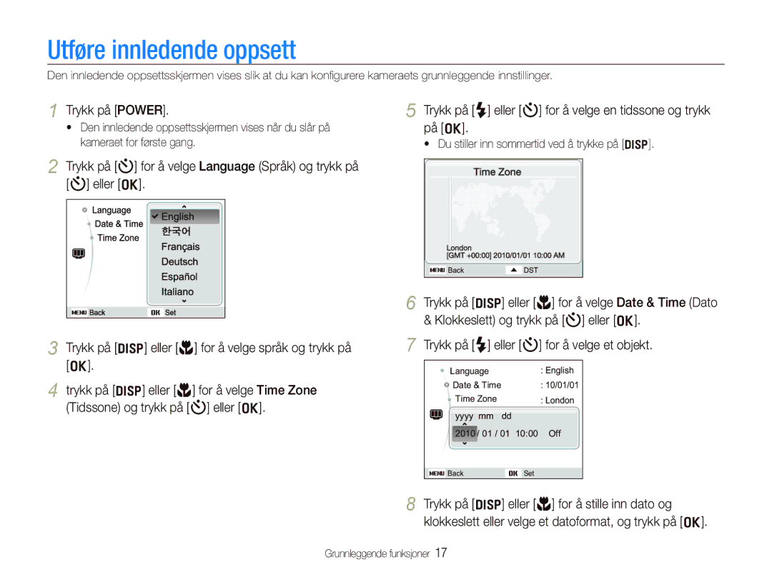 Samsung EC-PL150ZBPLE2, EC-PL150ZBPRE2, EC-PL150ZBPVE2 manual Utføre innledende oppsett, Trykk på Power, På o 