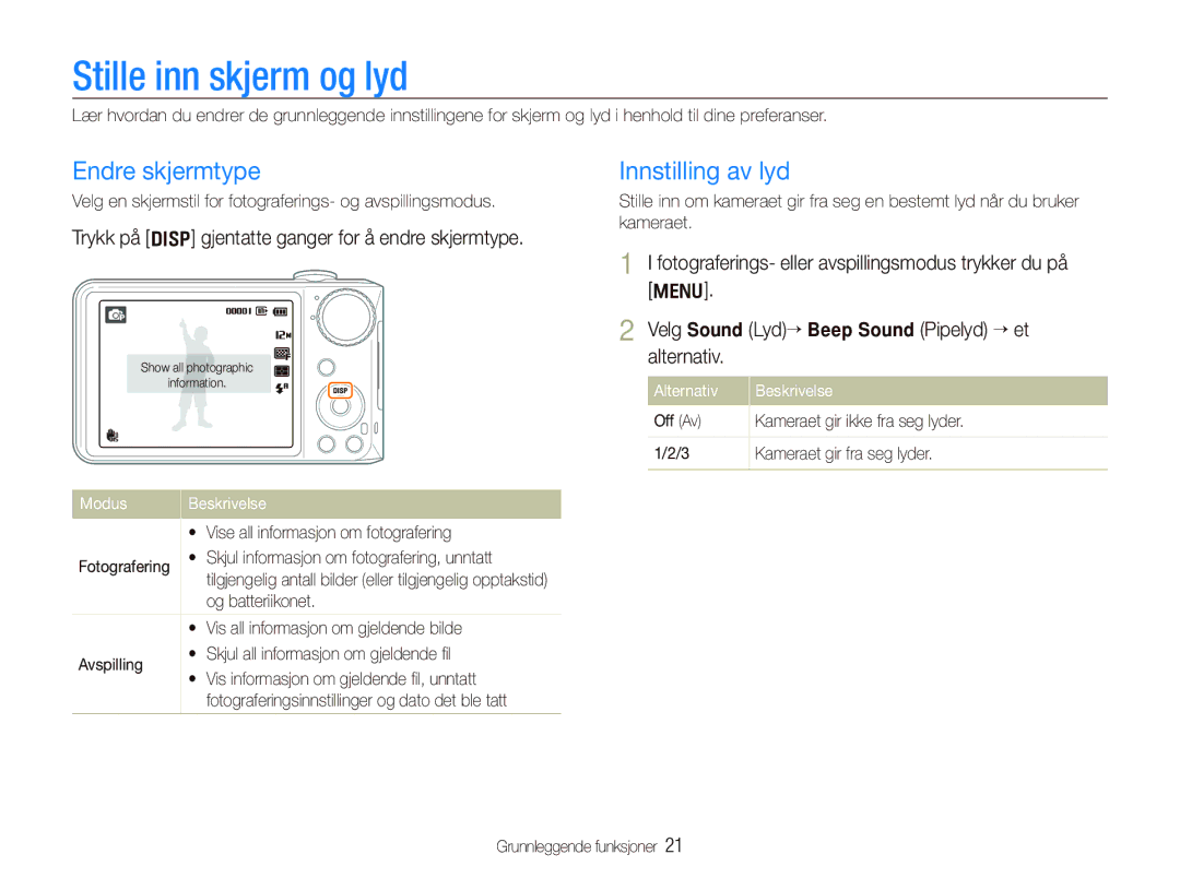 Samsung EC-PL150ZBPRE2, EC-PL150ZBPLE2, EC-PL150ZBPVE2 manual Stille inn skjerm og lyd, Endre skjermtype, Innstilling av lyd 