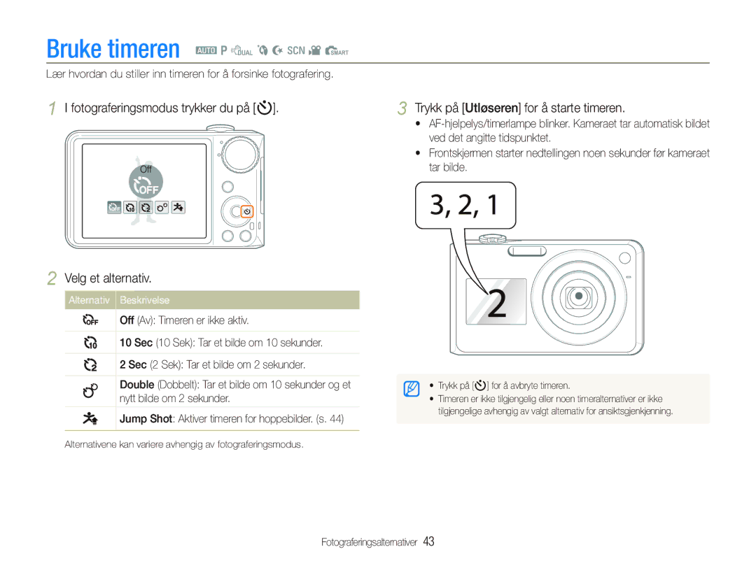 Samsung EC-PL150ZBPVE2, EC-PL150ZBPLE2 manual Fotograferingsmodus trykker du på t, Trykk på Utløseren for å starte timeren 