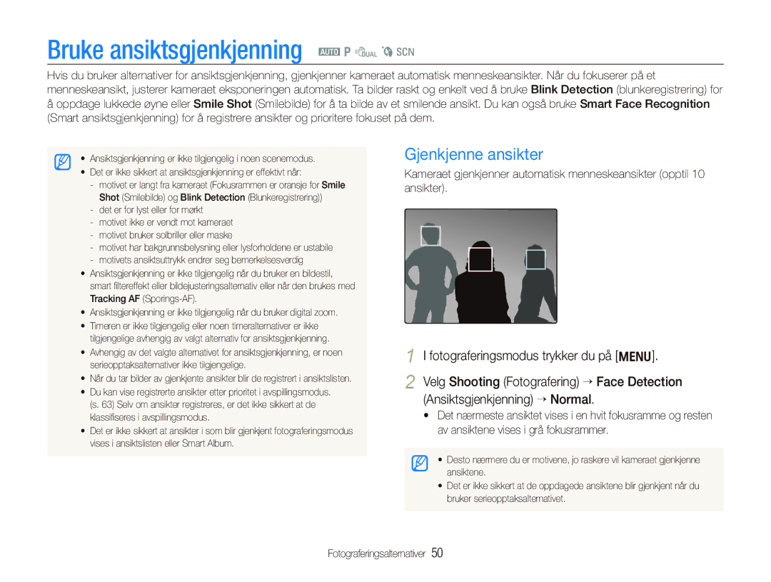 Samsung EC-PL150ZBPLE2, EC-PL150ZBPRE2, EC-PL150ZBPVE2 manual Bruke ansiktsgjenkjenning a p d b s, Gjenkjenne ansikter 