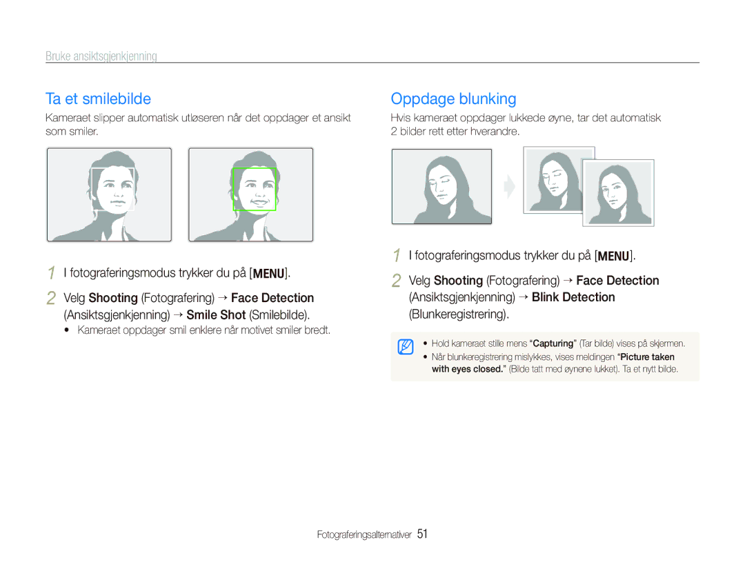 Samsung EC-PL150ZBPRE2, EC-PL150ZBPLE2, EC-PL150ZBPVE2 manual Ta et smilebilde, Oppdage blunking, Bruke ansiktsgjenkjenning 