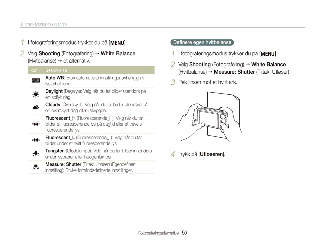 Samsung EC-PL150ZBPLE2, EC-PL150ZBPRE2 manual Pek linsen mot et hvitt ark Trykk på Utløseren, Deﬁnere egen hvitbalanse 