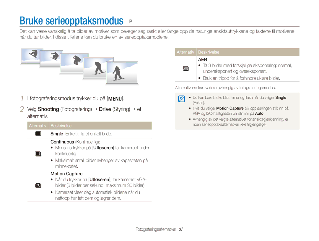 Samsung EC-PL150ZBPRE2, EC-PL150ZBPLE2, EC-PL150ZBPVE2 manual Bruke serieopptaksmodus p 