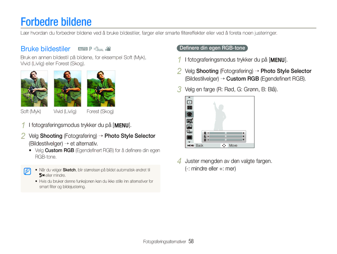 Samsung EC-PL150ZBPVE2, EC-PL150ZBPLE2 manual Forbedre bildene, Bruke bildestiler a p d, Bildestilvelger “ et alternativ 