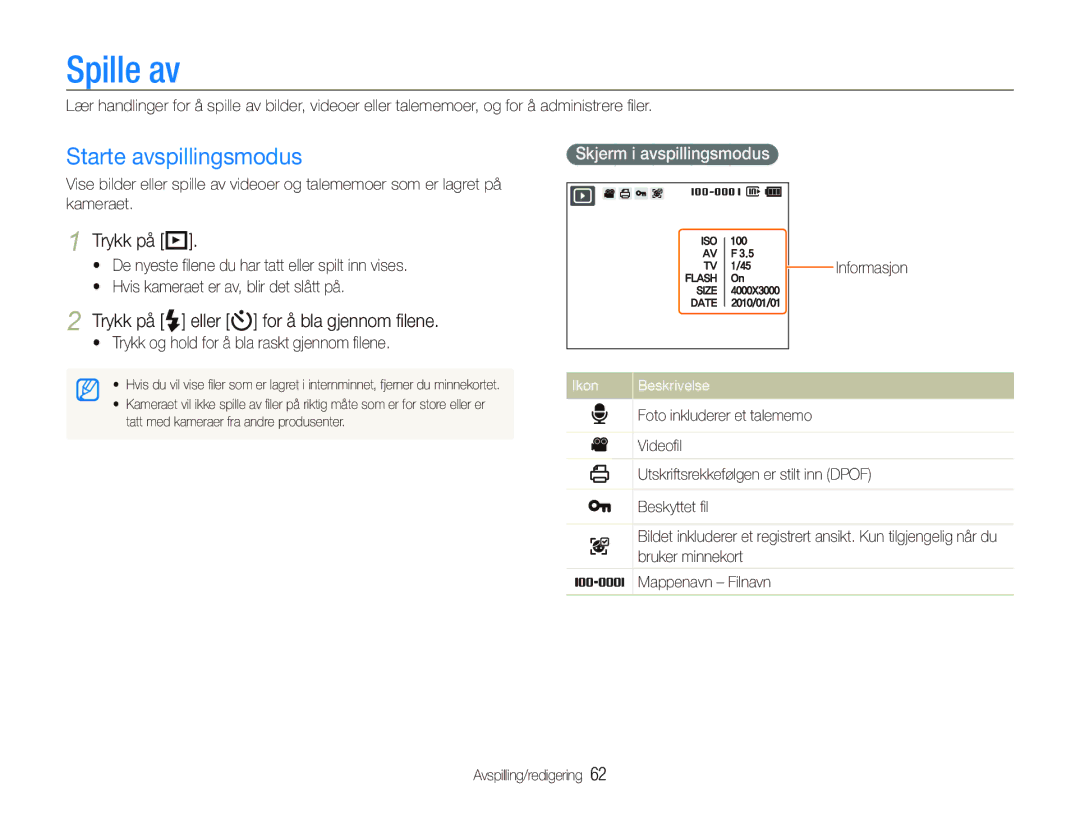 Samsung EC-PL150ZBPLE2 manual Spille av, Starte avspillingsmodus, Trykk på P, Trykk på F eller t for å bla gjennom ﬁlene 