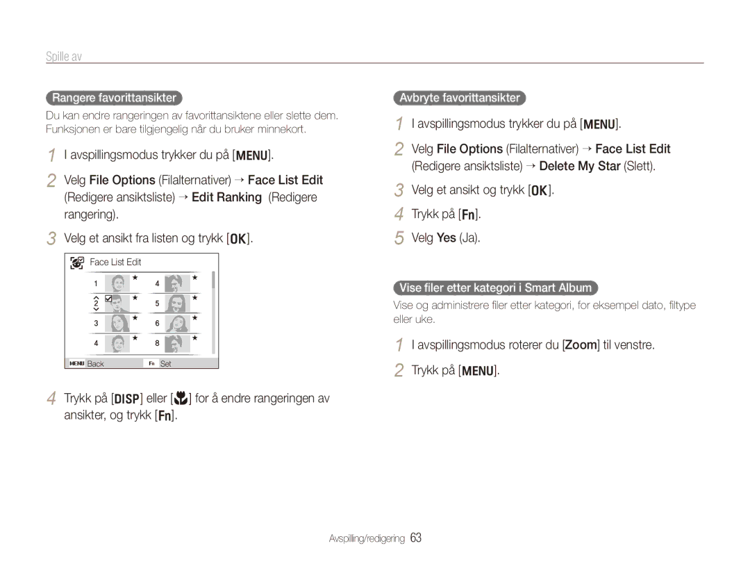 Samsung EC-PL150ZBPRE2 manual Spille av, Avspillingsmodus trykker du på m, Velg et ansikt og trykk o Trykk på f Velg Yes Ja 