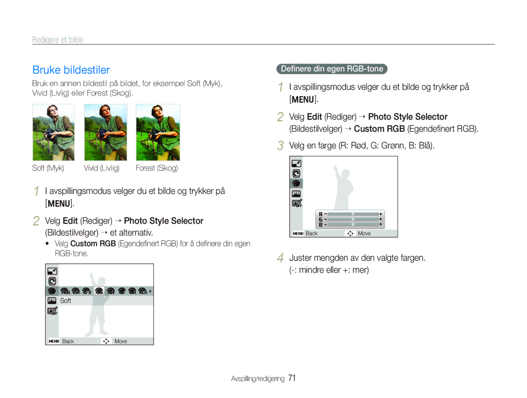 Samsung EC-PL150ZBPLE2 manual Bruke bildestiler, Redigere et bilde, Avspillingsmodus velger du et bilde og trykker på m 