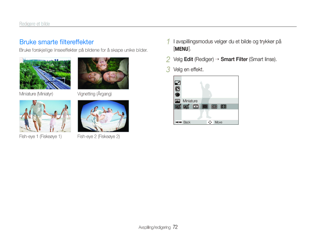 Samsung EC-PL150ZBPRE2, EC-PL150ZBPLE2, EC-PL150ZBPVE2 manual Bruke smarte ﬁltereffekter, Miniature Miniatyr 
