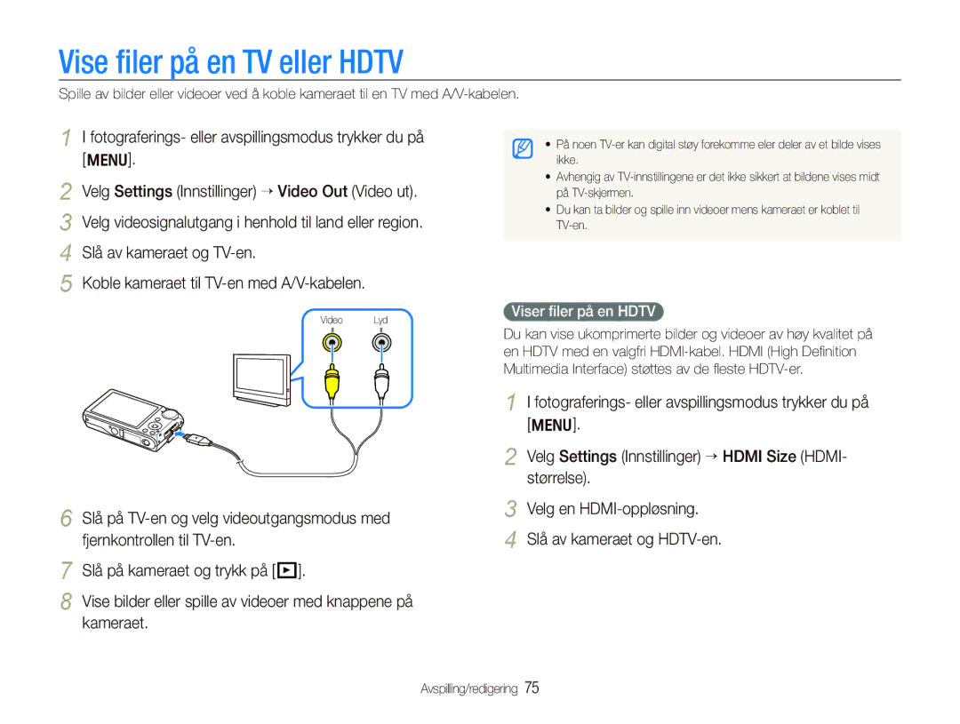 Samsung EC-PL150ZBPRE2, EC-PL150ZBPLE2 Vise ﬁler på en TV eller Hdtv, Fotograferings- eller avspillingsmodus trykker du på 