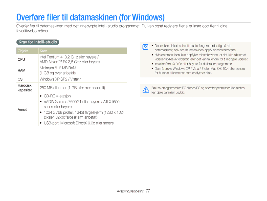 Samsung EC-PL150ZBPLE2, EC-PL150ZBPRE2 Overføre ﬁler til datamaskinen for Windows, Krav for Intelli-studio, Objekt Krav 