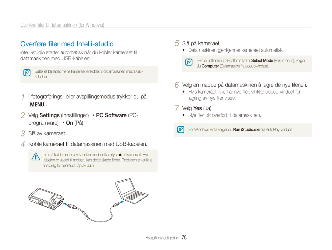 Samsung EC-PL150ZBPRE2, EC-PL150ZBPLE2 manual Overføre filer med Intelli-studio, Overføre filer til datamaskinen for Windows 