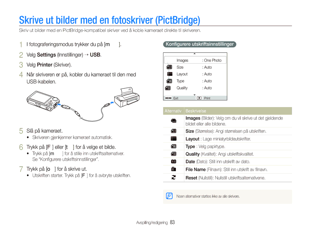 Samsung EC-PL150ZBPLE2 manual Skrive ut bilder med en fotoskriver PictBridge, Trykk på F eller t for å velge et bilde 