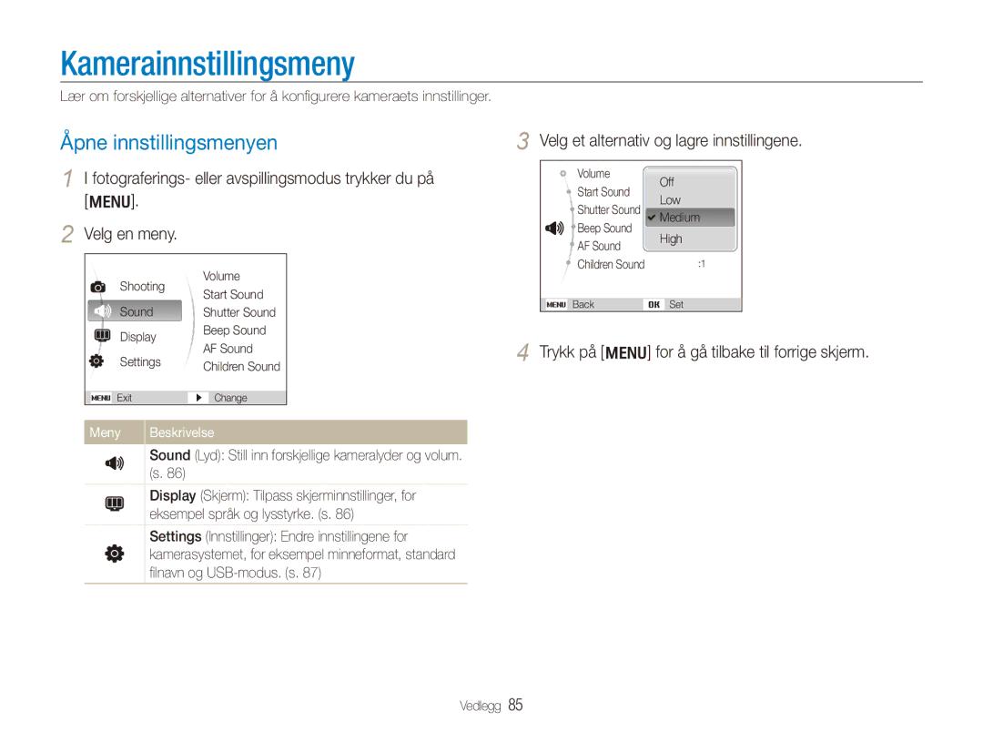 Samsung EC-PL150ZBPVE2 manual Kamerainnstillingsmeny, Åpne innstillingsmenyen, Velg et alternativ og lagre innstillingene 