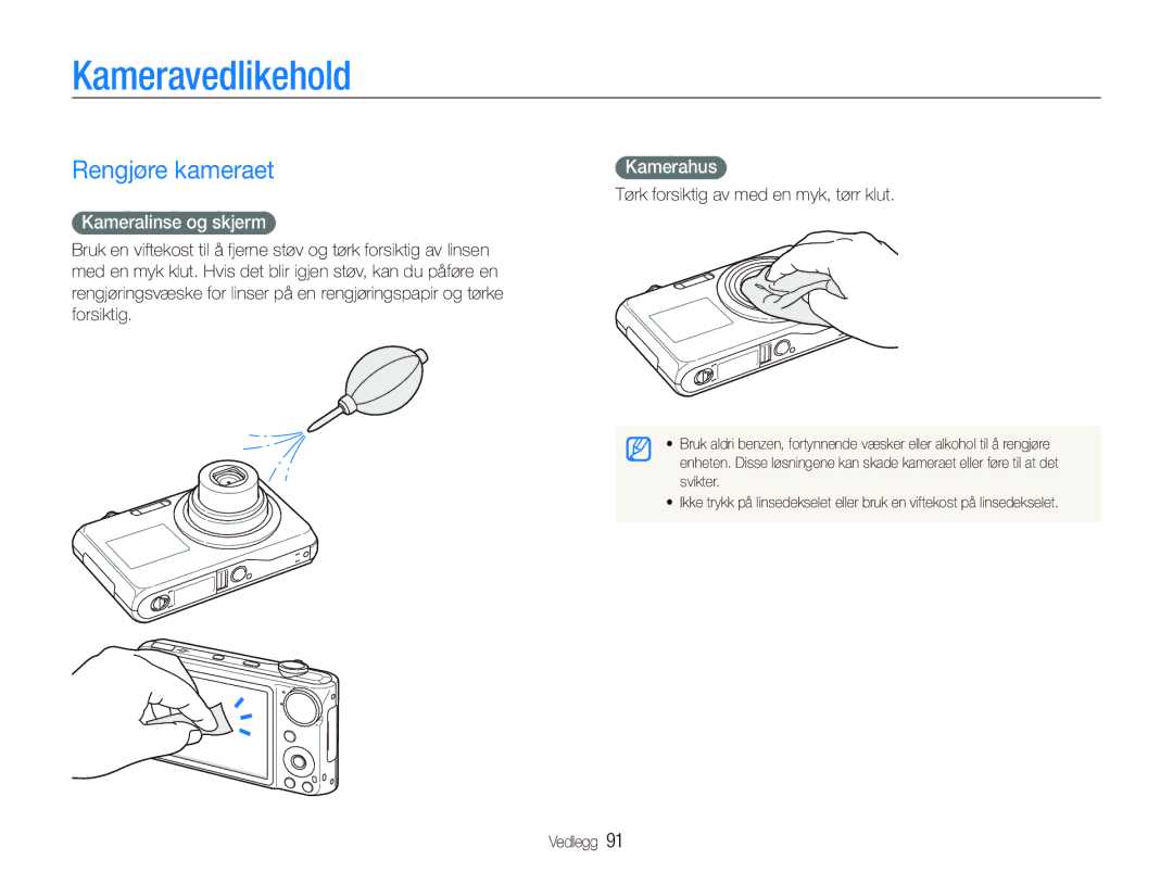 Samsung EC-PL150ZBPVE2, EC-PL150ZBPLE2 manual Kameravedlikehold, Rengjøre kameraet, Kamerahus, Kameralinse og skjerm 