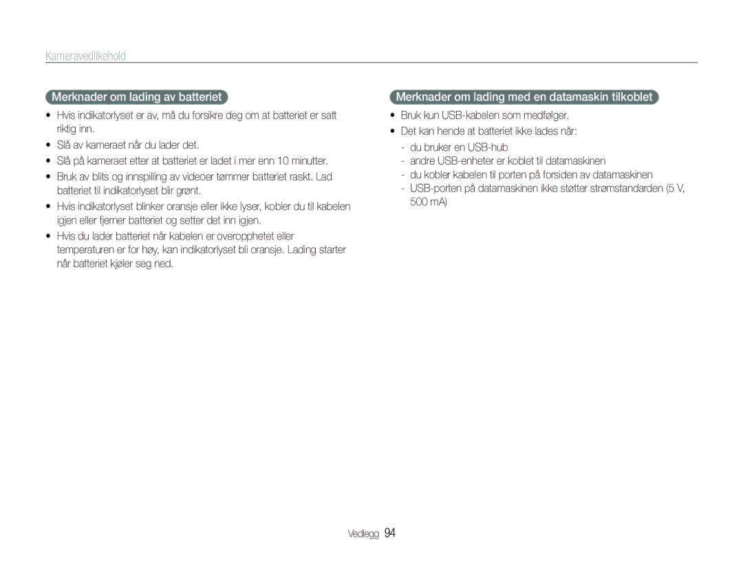 Samsung EC-PL150ZBPVE2, EC-PL150ZBPLE2 Merknader om lading av batteriet, Merknader om lading med en datamaskin tilkoblet 