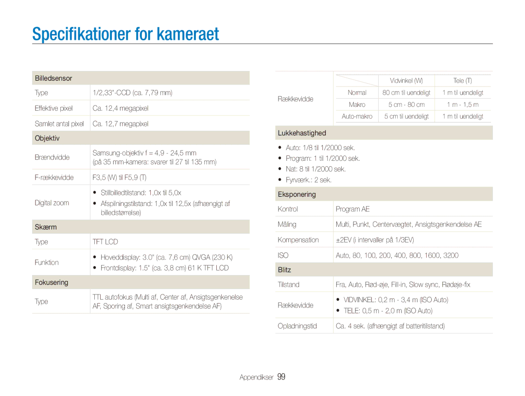 Samsung EC-PL150ZBPRE2, EC-PL150ZBPLE2, EC-PL150ZBPVE2 manual Specifikationer for kameraet 