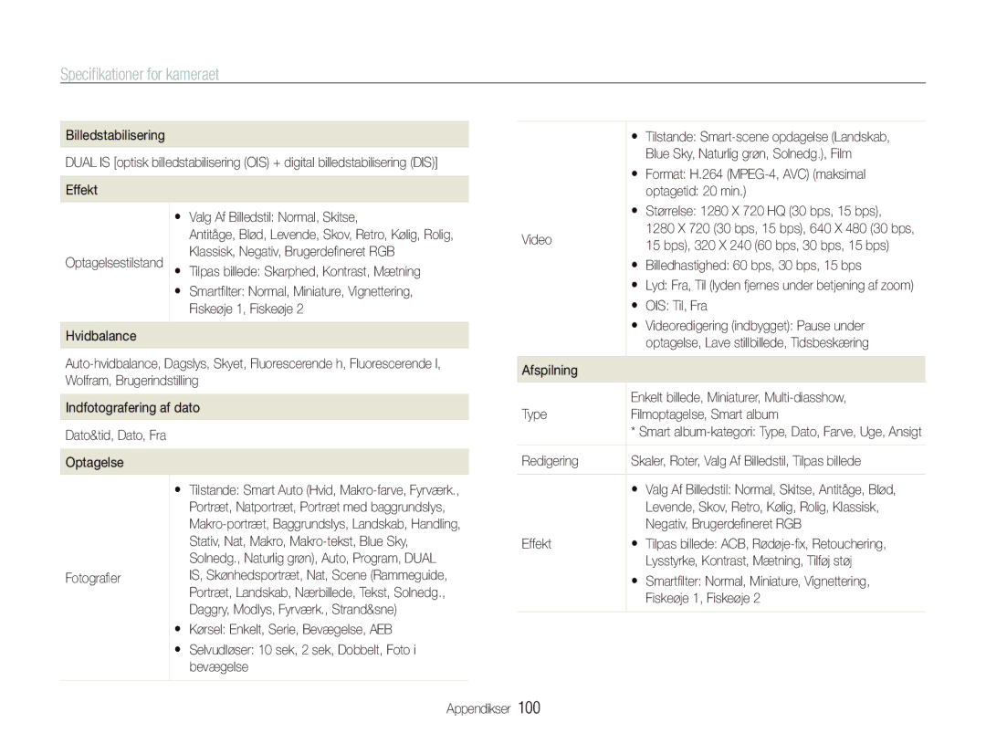 Samsung EC-PL150ZBPVE2, EC-PL150ZBPLE2, EC-PL150ZBPRE2 manual Speciﬁkationer for kameraet, 100 