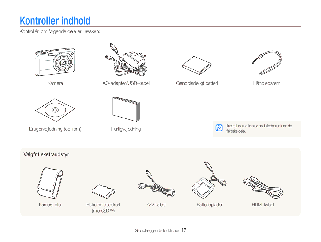 Samsung EC-PL150ZBPRE2, EC-PL150ZBPLE2, EC-PL150ZBPVE2 manual Kontroller indhold, Valgfrit ekstraudstyr 