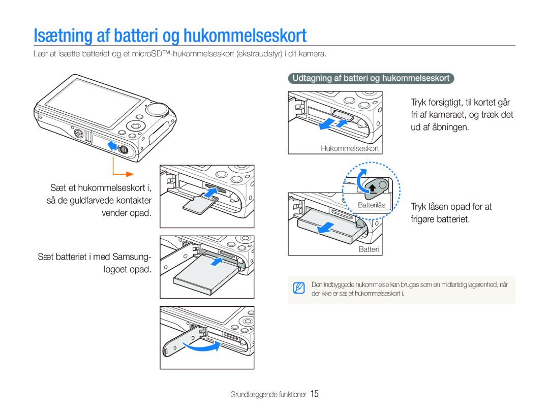 Samsung EC-PL150ZBPRE2 Isætning af batteri og hukommelseskort, Frigøre batteriet, Udtagning af batteri og hukommelseskort 