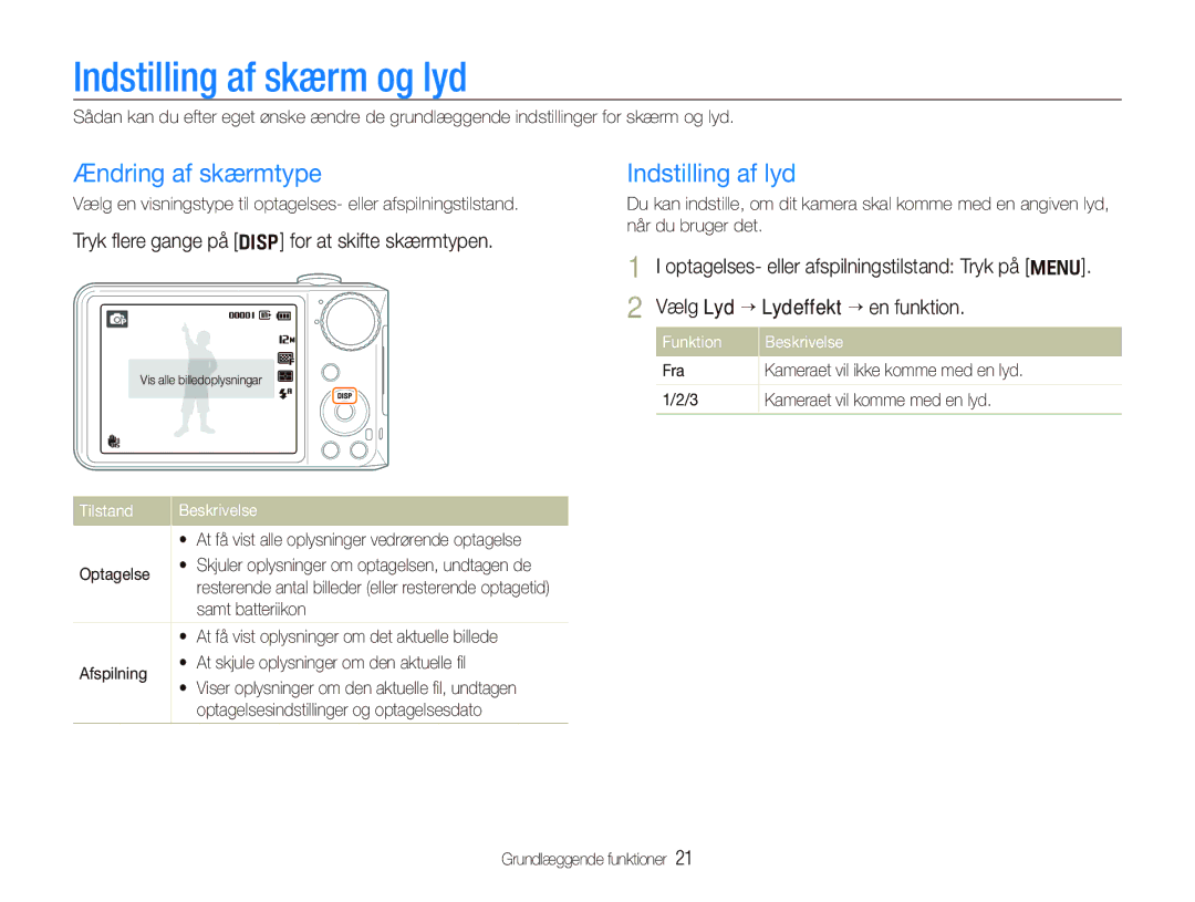 Samsung EC-PL150ZBPRE2, EC-PL150ZBPLE2 manual Indstilling af skærm og lyd, Ændring af skærmtype, Indstilling af lyd 