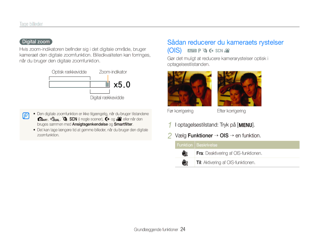 Samsung EC-PL150ZBPRE2 manual Sådan reducerer du kameraets rystelser OIS, Optagelsestilstand Tryk på m, Digital zoom 