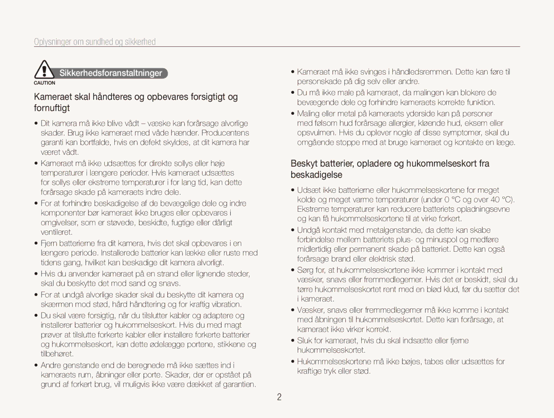 Samsung EC-PL150ZBPLE2, EC-PL150ZBPRE2, EC-PL150ZBPVE2 manual Oplysninger om sundhed og sikkerhed, Sikkerhedsforanstaltninger 