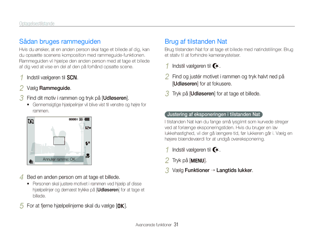 Samsung EC-PL150ZBPVE2 manual Sådan bruges rammeguiden, Brug af tilstanden Nat, Bed en anden person om at tage et billede 