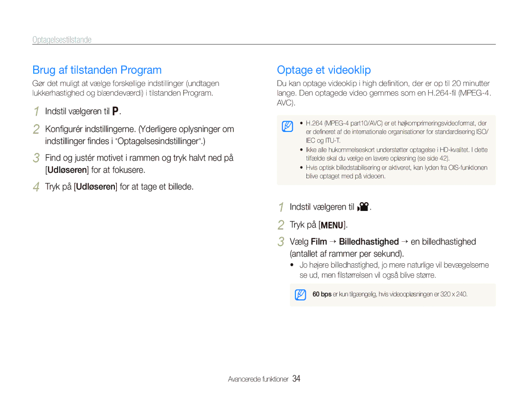 Samsung EC-PL150ZBPVE2, EC-PL150ZBPLE2 manual Brug af tilstanden Program, Optage et videoklip, Indstil vælgeren til p 