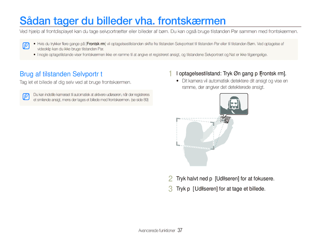 Samsung EC-PL150ZBPVE2, EC-PL150ZBPLE2 manual Sådan tager du billeder vha. frontskærmen, Brug af tilstanden Selvportræt 