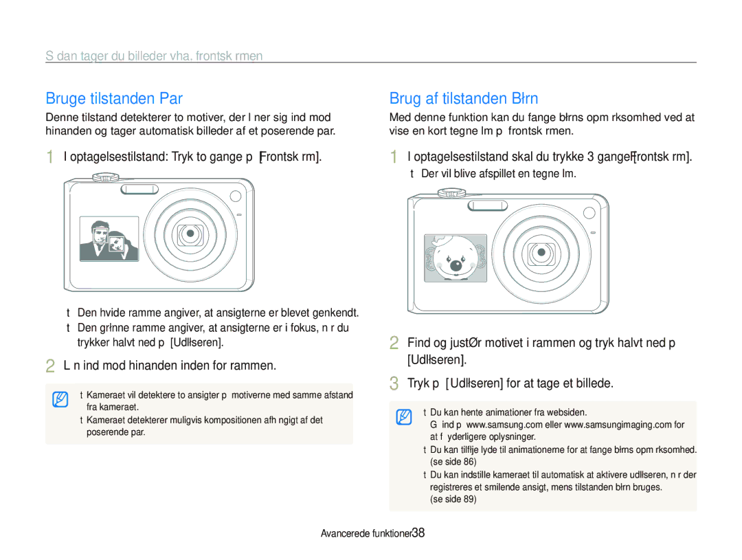 Samsung EC-PL150ZBPLE2 manual Bruge tilstanden Par, Brug af tilstanden Børn, Sådan tager du billeder vha. frontskærmen 