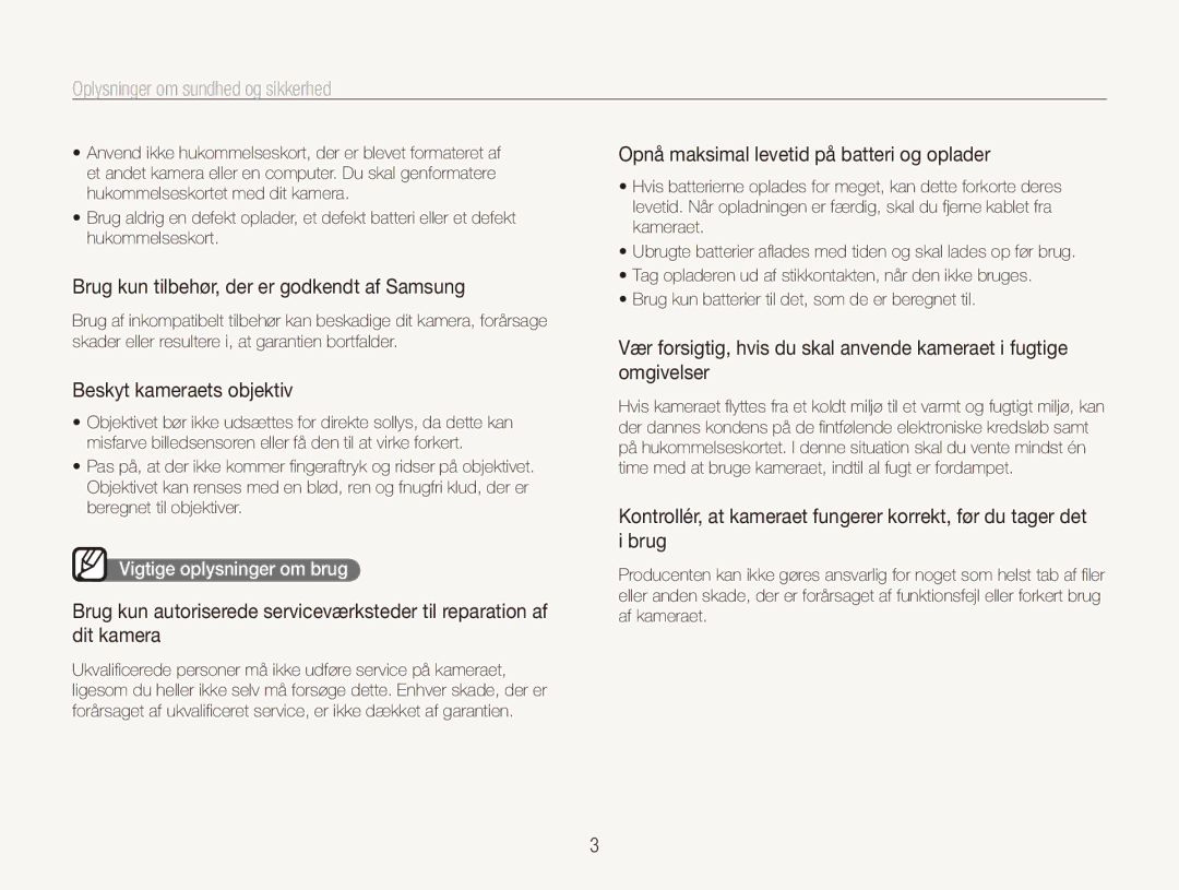 Samsung EC-PL150ZBPRE2, EC-PL150ZBPLE2 manual Brug kun tilbehør, der er godkendt af Samsung, Beskyt kameraets objektiv 