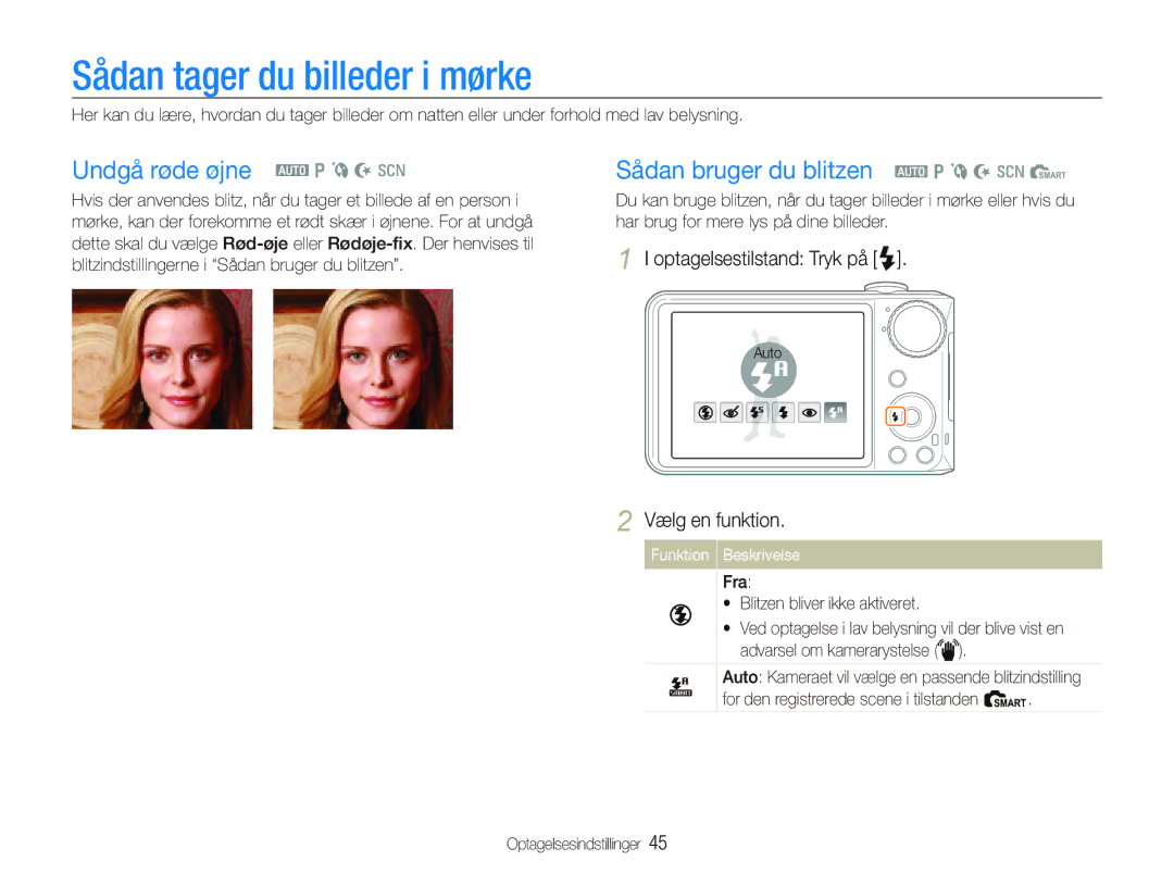 Samsung EC-PL150ZBPRE2 Sådan tager du billeder i mørke, Undgå røde øjne a p b N s, Sådan bruger du blitzen a p b N s S 