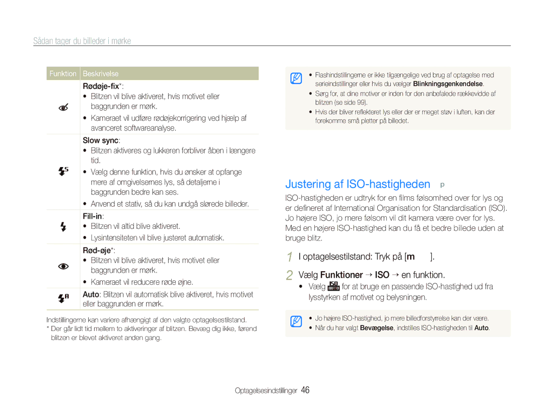 Samsung EC-PL150ZBPVE2, EC-PL150ZBPLE2, EC-PL150ZBPRE2 manual Justering af ISO-hastigheden p, Sådan tager du billeder i mørke 