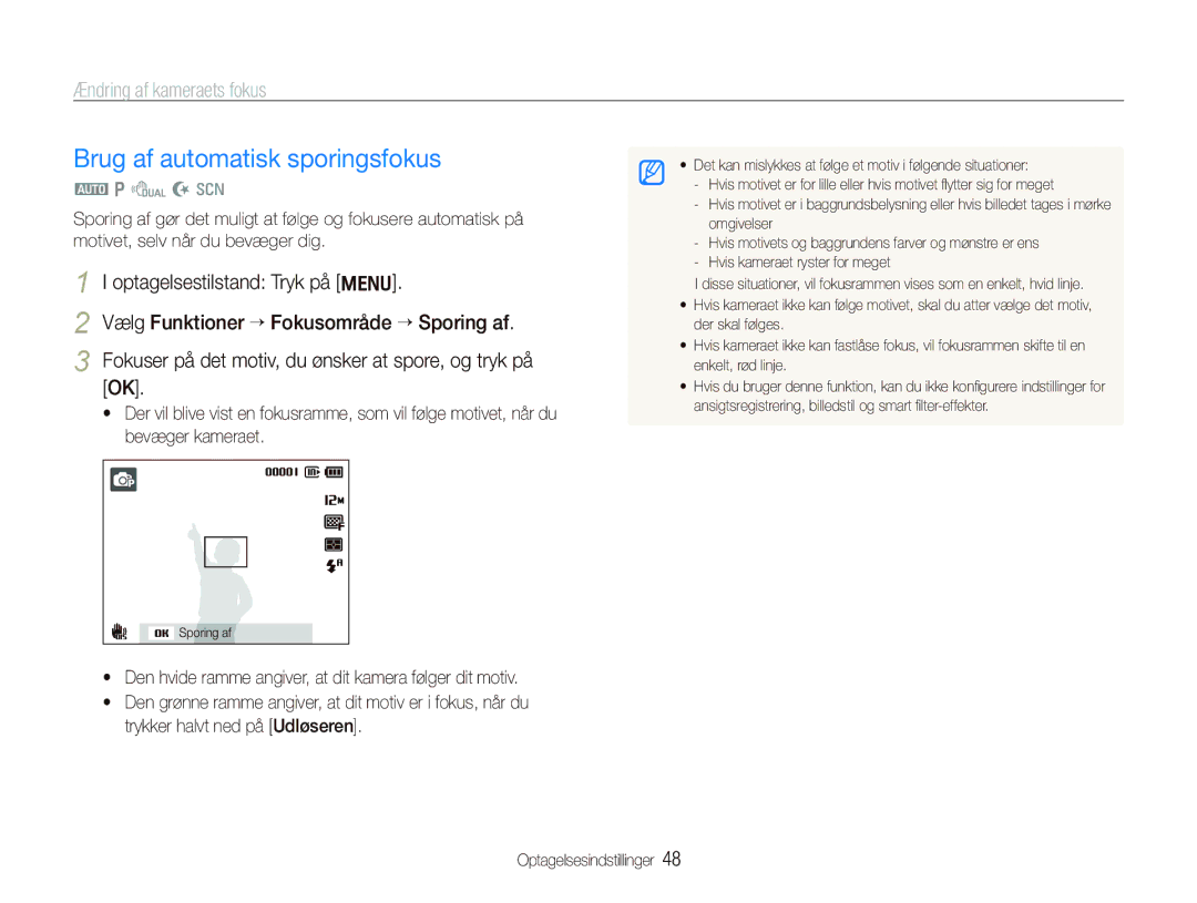 Samsung EC-PL150ZBPRE2, EC-PL150ZBPLE2, EC-PL150ZBPVE2 manual Brug af automatisk sporingsfokus, Ændring af kameraets fokus 