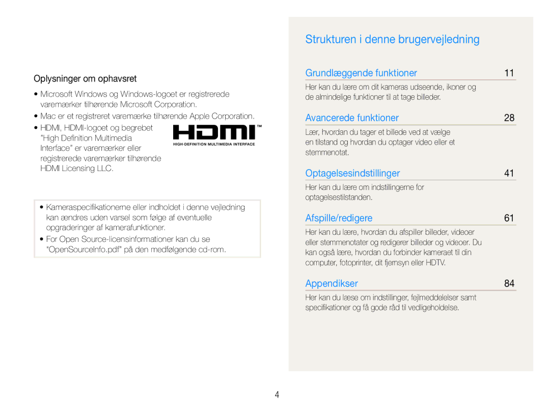 Samsung EC-PL150ZBPVE2, EC-PL150ZBPLE2, EC-PL150ZBPRE2 manual Strukturen i denne brugervejledning, Oplysninger om ophavsret 