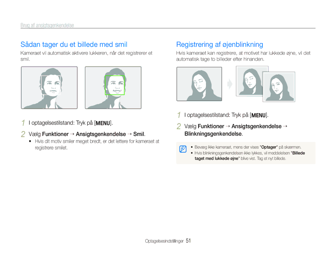 Samsung EC-PL150ZBPRE2 manual Sådan tager du et billede med smil, Registrering af øjenblinkning, Brug af ansigtsgenkendelse 