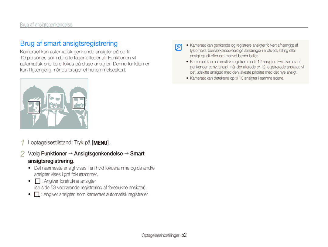 Samsung EC-PL150ZBPVE2 manual Brug af smart ansigtsregistrering, Kameraet kan automatisk genkende ansigter på op til 