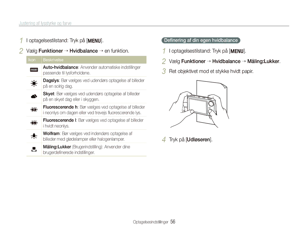 Samsung EC-PL150ZBPLE2, EC-PL150ZBPRE2, EC-PL150ZBPVE2 manual Deﬁnering af din egen hvidbalance, Ikon Beskrivelse 