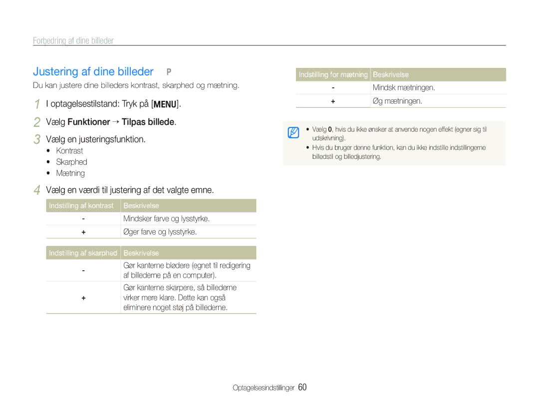 Samsung EC-PL150ZBPRE2, EC-PL150ZBPLE2 manual Justering af dine billeder p, Vælg en værdi til justering af det valgte emne 