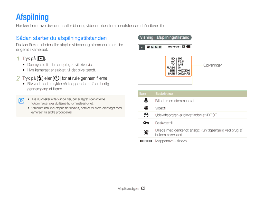 Samsung EC-PL150ZBPLE2 manual Afspilning, Sådan starter du afspilningstilstanden, Tryk på P, Visning i afspilningstilstand 