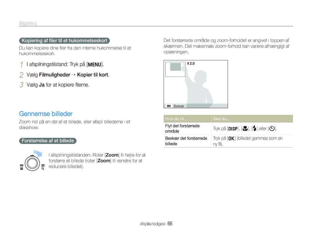 Samsung EC-PL150ZBPRE2 manual Gennemse billeder, Kopiering af ﬁler til et hukommelseskort, Forstørrelse af et billede 