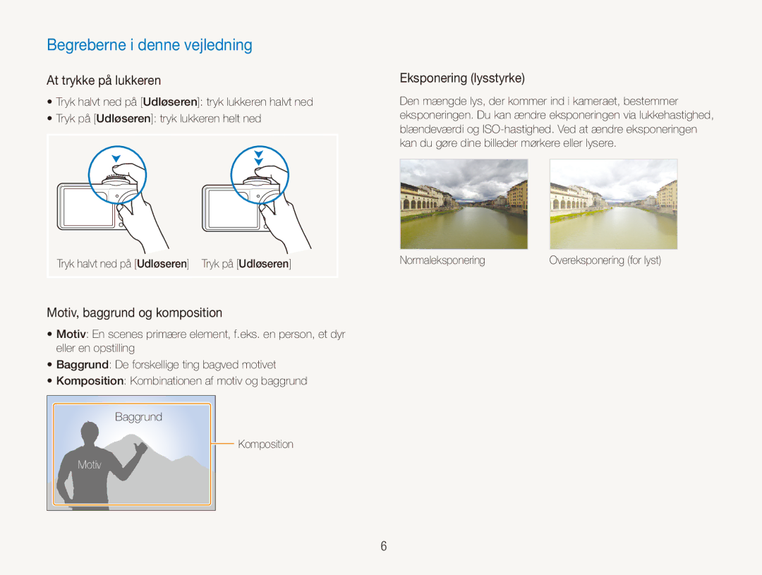 Samsung EC-PL150ZBPRE2 manual Begreberne i denne vejledning, At trykke på lukkeren, Motiv, baggrund og komposition 