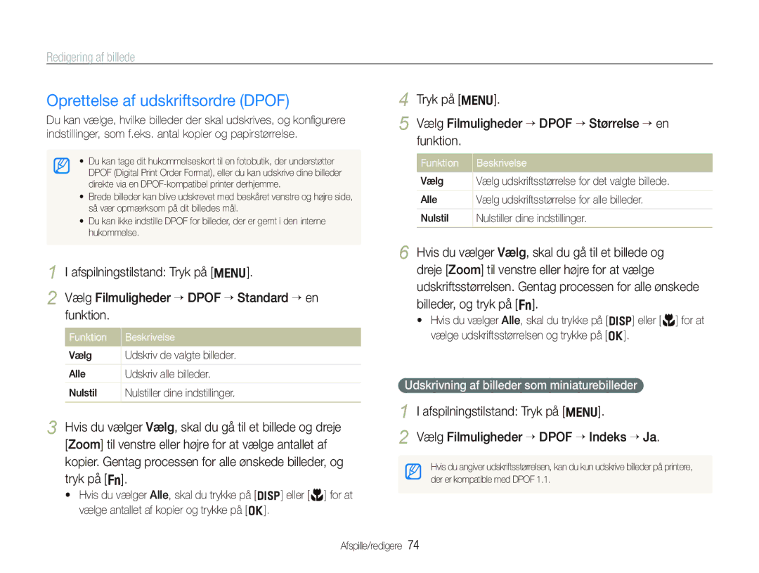 Samsung EC-PL150ZBPLE2 manual Oprettelse af udskriftsordre Dpof, Vælg Filmuligheder “ Dpof “ Størrelse “ en, Funktion 