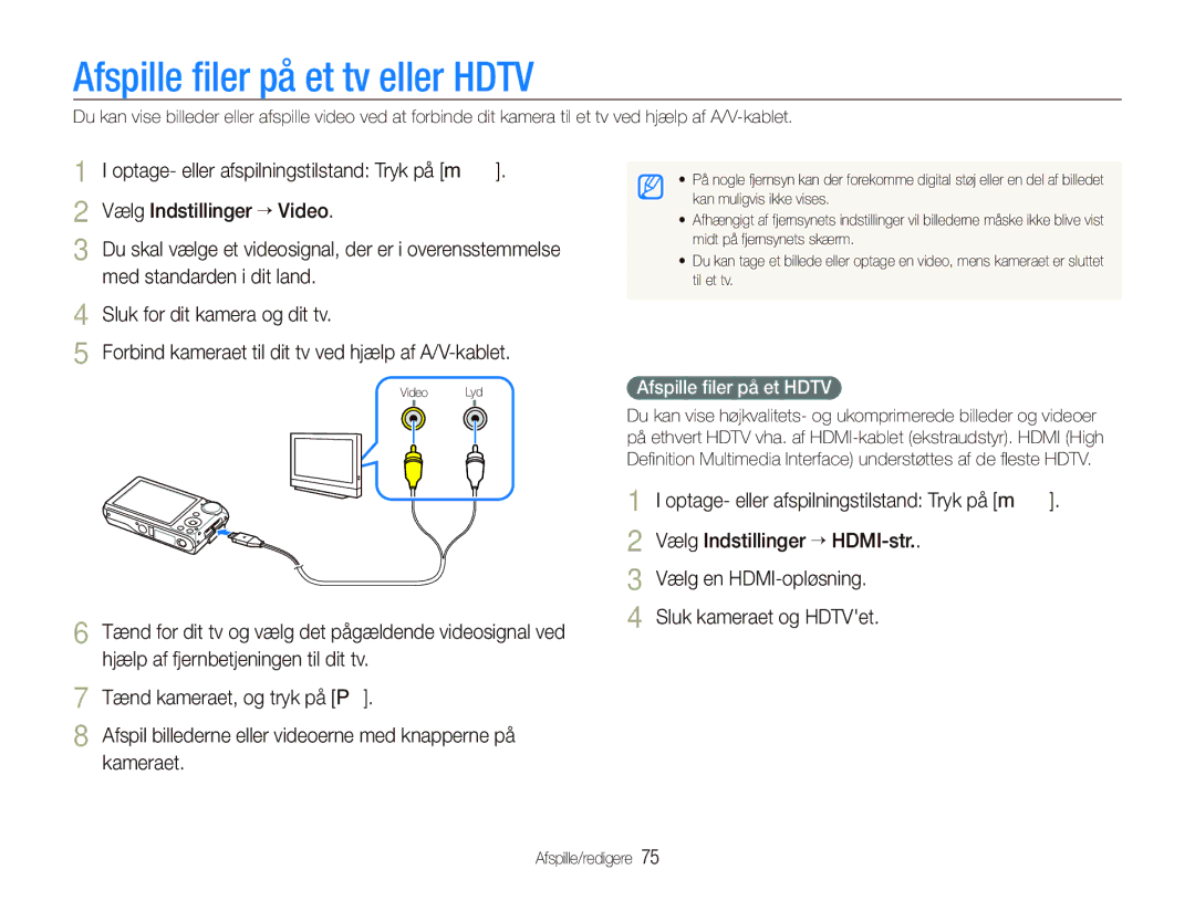 Samsung EC-PL150ZBPRE2, EC-PL150ZBPLE2, EC-PL150ZBPVE2 manual Afspille ﬁler på et tv eller Hdtv, Afspille ﬁler på et Hdtv 