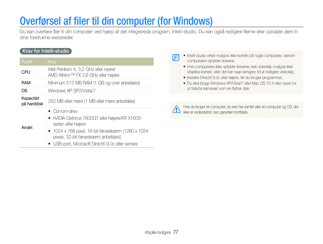 Samsung EC-PL150ZBPLE2 manual Overførsel af ﬁler til din computer for Windows, Krav for Intelli-studio, Punkt Krav 