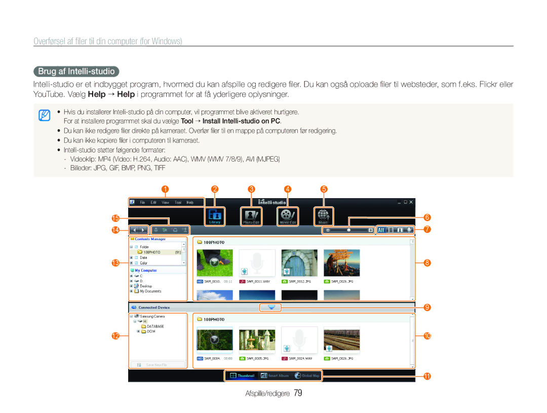 Samsung EC-PL150ZBPVE2, EC-PL150ZBPLE2 manual Overførsel af ﬁler til din computer for Windows, Brug af Intelli-studio 