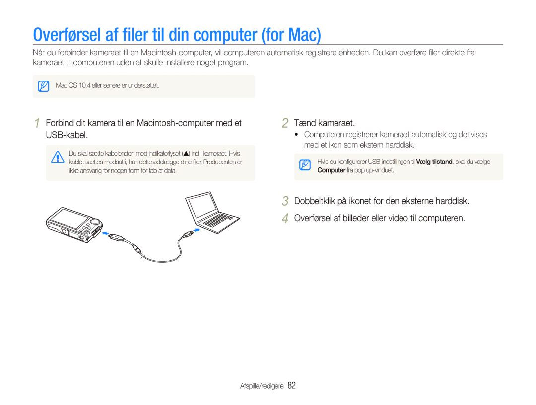 Samsung EC-PL150ZBPVE2, EC-PL150ZBPLE2, EC-PL150ZBPRE2 manual Overførsel af ﬁler til din computer for Mac 