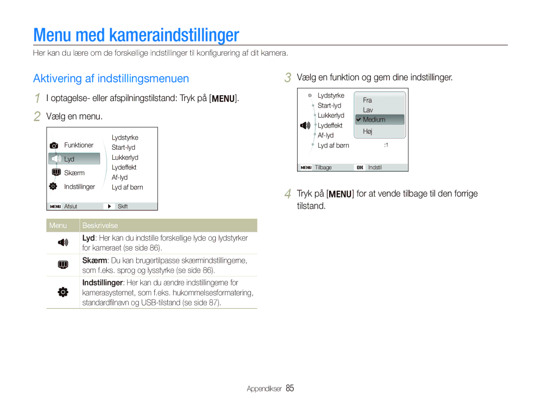 Samsung EC-PL150ZBPVE2 Menu med kameraindstillinger, Aktivering af indstillingsmenuen, Vælg en menu, Menu Beskrivelse 