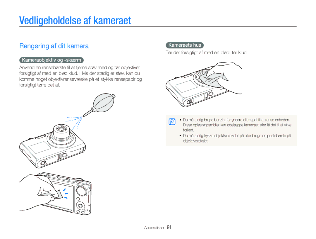 Samsung EC-PL150ZBPVE2 manual Vedligeholdelse af kameraet, Rengøring af dit kamera, Kameraobjektiv og -skærm, Kameraets hus 