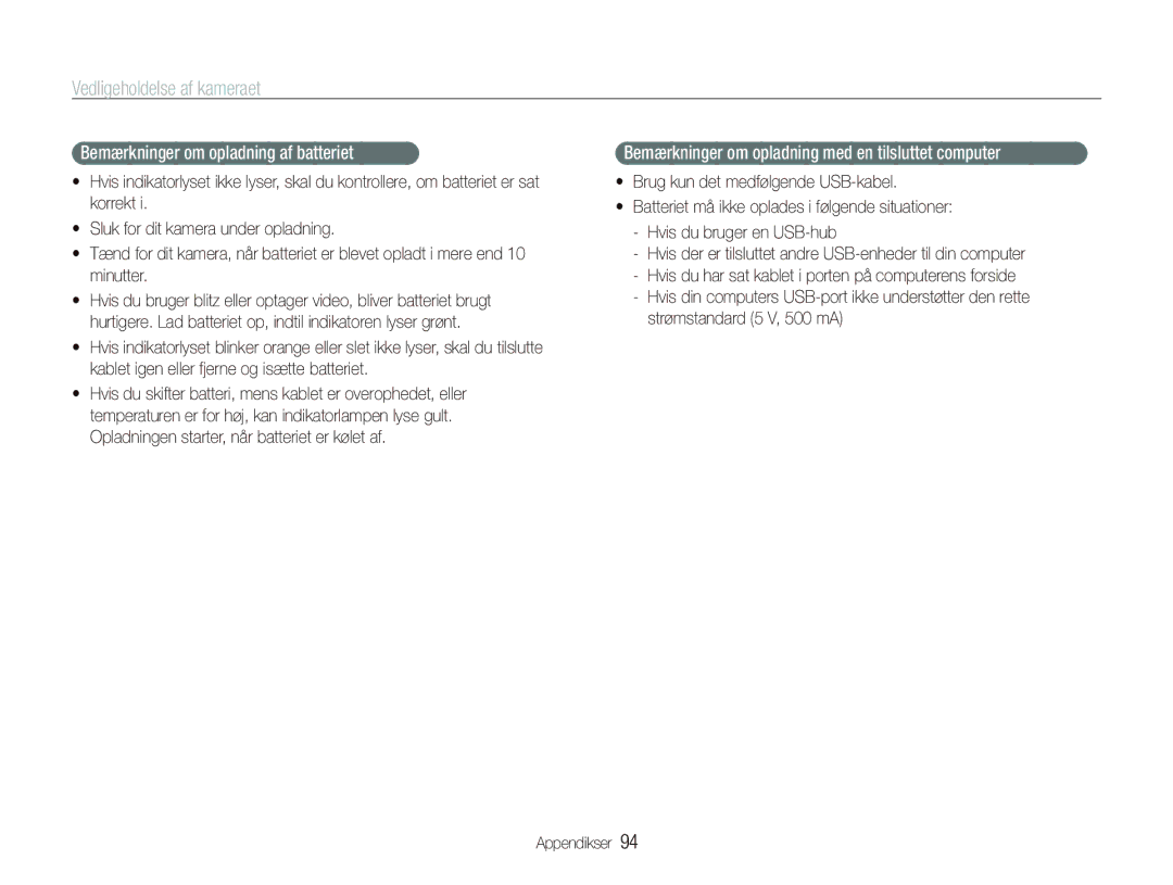 Samsung EC-PL150ZBPVE2 manual Bemærkninger om opladning af batteriet, Bemærkninger om opladning med en tilsluttet computer 